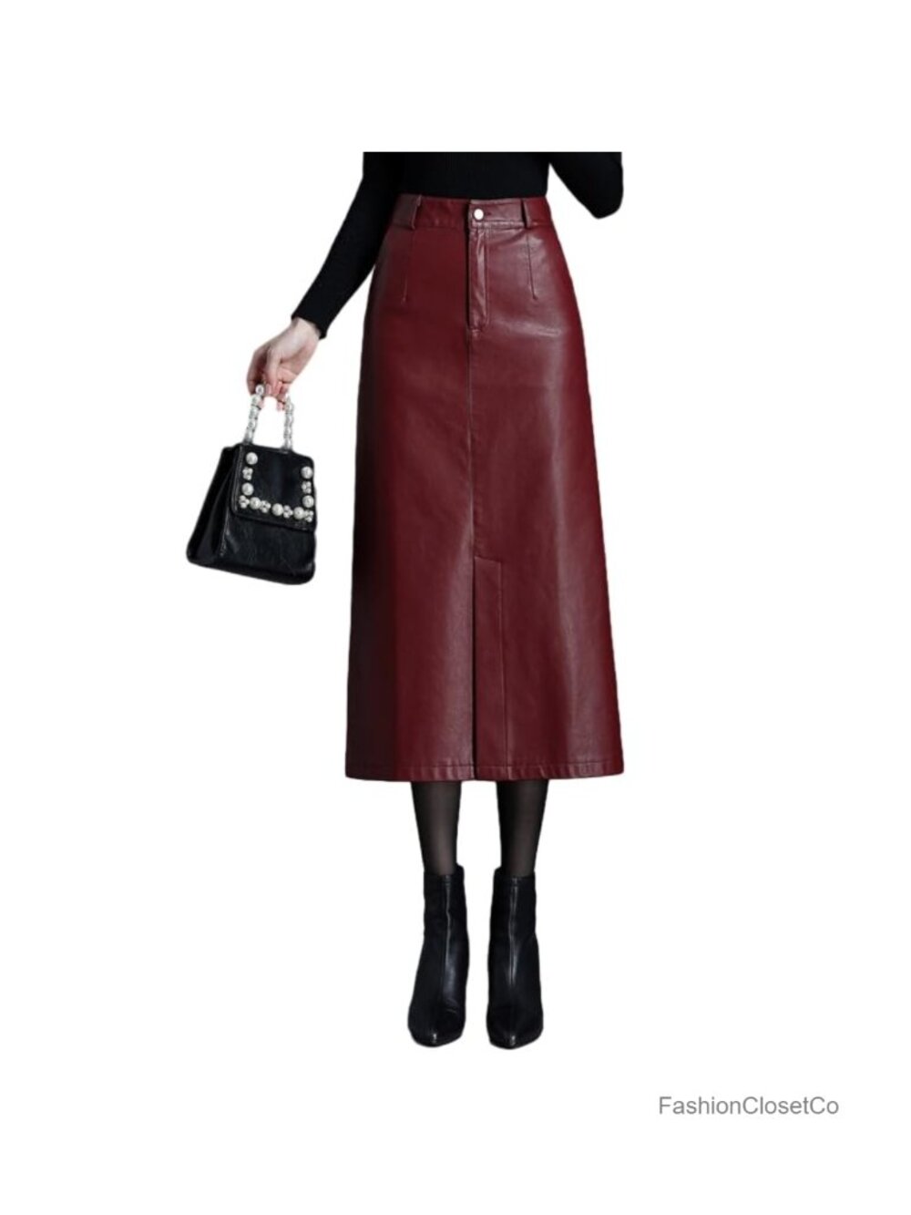 Faux Leather High Waisted Bodycon Midi Skirt with Slit